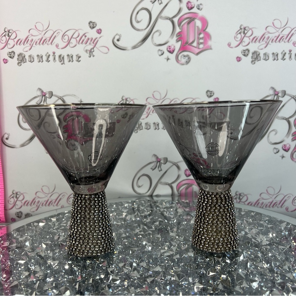Cups glasses Smoky Gray Martini Glasses with Rhinestone Bases - Set of 2
